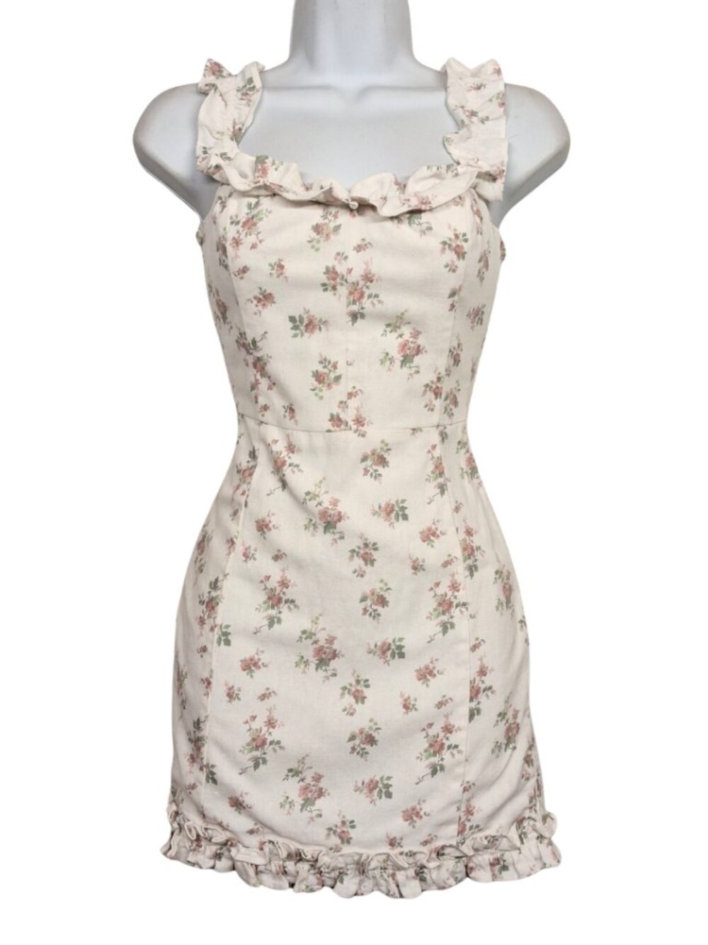 O.VIANCA Floral Dress Ivory Pink Print Ruffle Smocked Mini Summer Small